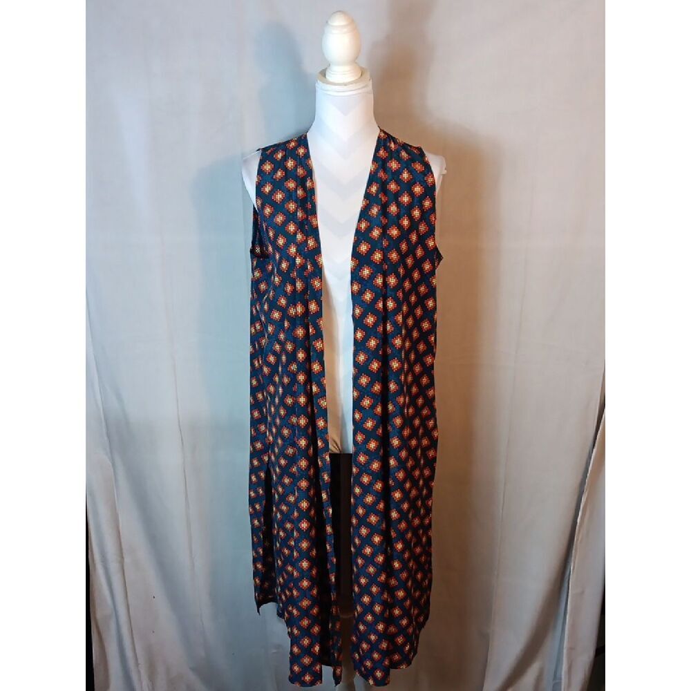 LuLaRoe "Joy" Navy  with Orange and Cream Geo Print Open Front Duster Vest